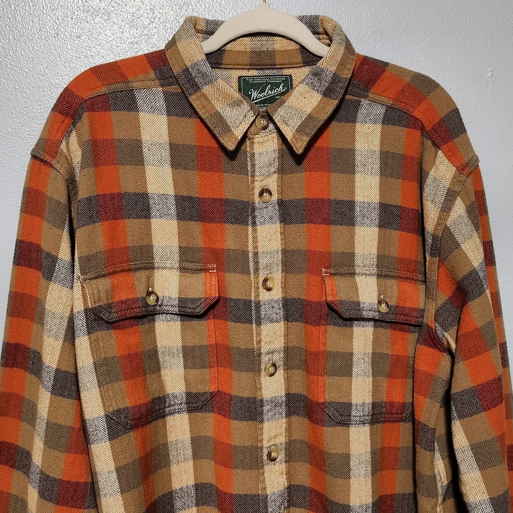 WOOLRICH Flannel Shirt Mens XL Brown Orange Plaid Workwear Heritage Blue Collar - Picture 3 of 11